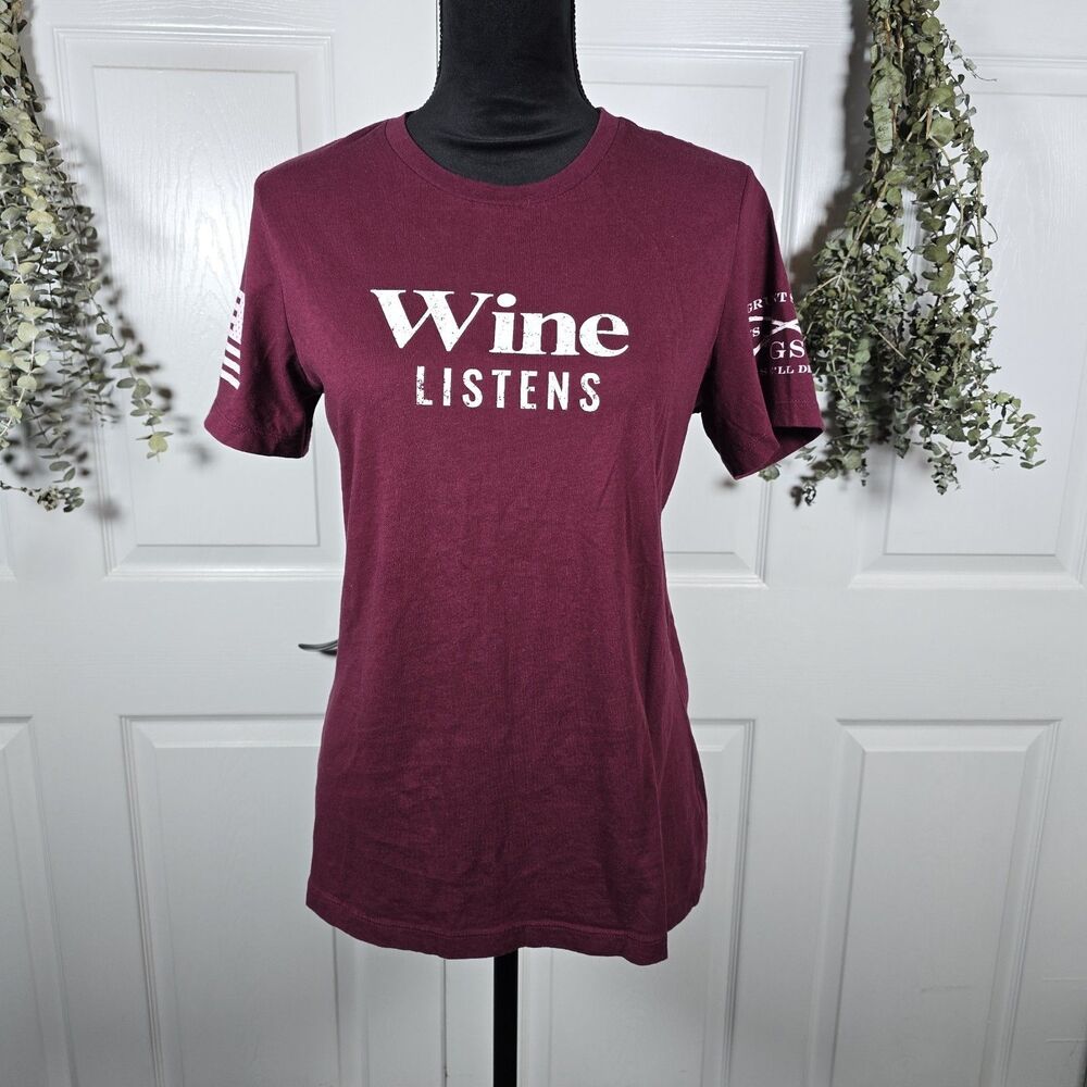 Grunt Style Wine Listens Graphic T-Shirt Maroon Burgundy Womens Cotton Medium